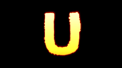 letter U - colorful vivid yellow burning distorted font on black, isolated - object 3D illustration