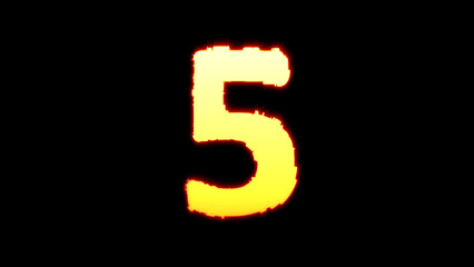 number 5 - colorful vivid yellow burning distortion font on black, isolated - object 3D illustration
