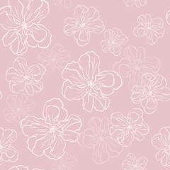 Fototapeta na wymiar White contoured hibiscus flowers on a pink background. Floral texture. Great for printing, textiles, wrapping paper. Vector illustration. Seamless pattern.