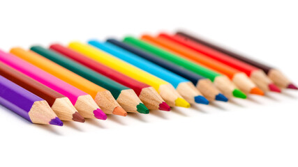 A set of colored pencils for children's creativity and drawing lies in a row,, isolated