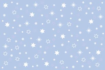 Niebieskie, zimowe, śnieżne tło, śnieżynki, święta, gwiazdki. - obrazy, fototapety, plakaty
