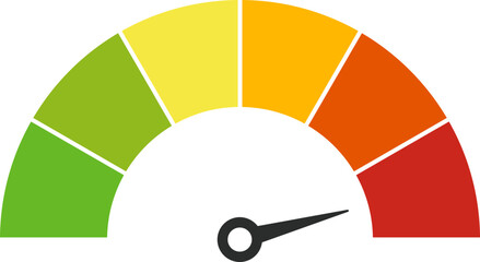 Vector speedometer meter with arrow for dashboard with green, yellow, orange and red indicators. Gauge of tachometer. Low, medium, high and risk levels. Bitcoin fear and greed index cryptocurrency - obrazy, fototapety, plakaty