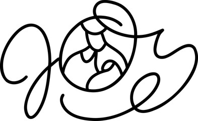 Joy monoline calligraphy text and Christmas Vector religious Scene Nativity of baby Jesus with Joseph and Mary. Minimalist art line drawing, print for clothes and logo design