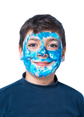 Funny children portrait  with face painting on color background