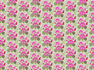 Seamless vector pattern with pink and magenta flowers on green