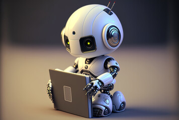 Fototapeta premium adorable artificial intelligence (AI) helper robot with a notebook computer. Generative AI