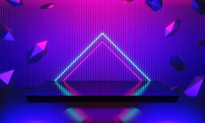 3d illustration rendering, gaming gamer background abstract wallpaper, cyberpunk style metaverse scifi game, neon glow of stage scene