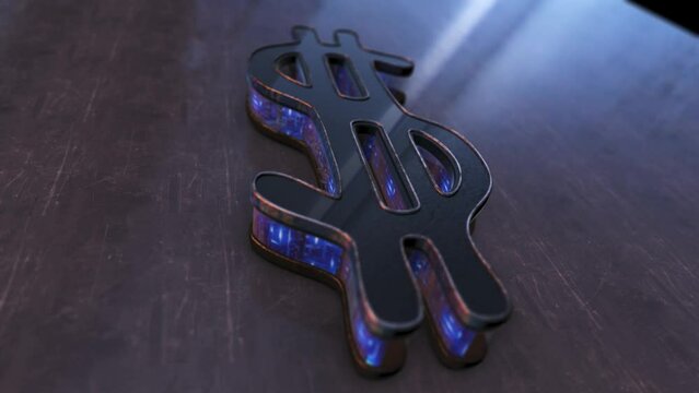 3D rendering of a glowing blue purple neon dollar sign object on a realistic plane