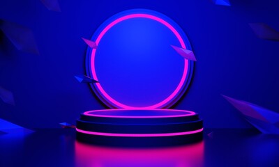 3d illustration rendering, gaming gamer background abstract wallpaper, cyberpunk style metaverse scifi game, neon glow of stage scene pedestal room