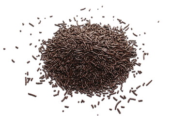 Chocolate sprinkles pile, granules isolated on white, top view 