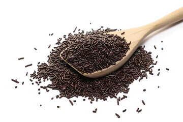 Chocolate sprinkles, granules in wooden spoon isolated on white, side view 