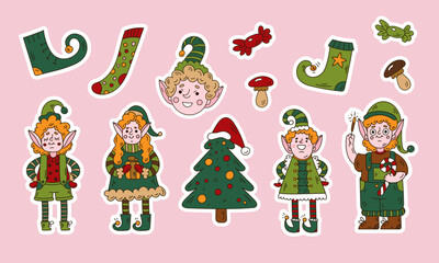 Set of Christmas cartoon sticker with cute elf characters and Xmas tree and decor.