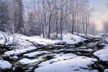 Wald im Winter mit Bach, Ai Generiert