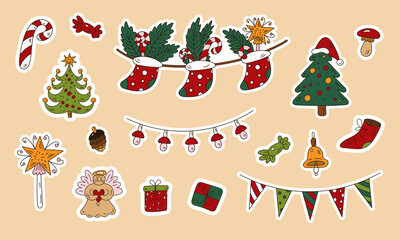 Christmas cartoon collection of stickers with decor elements. Cute doodle Christmas tree, garland, gingerbread angel
