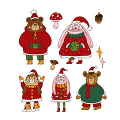 Xmas cute animal characters in doodle style. Bunny, rabbit, bears in warm clothes