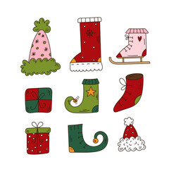 Set of doodle Christmas elements. Cute gifts, boot, elf shoe, Santa hats, ice skating boot