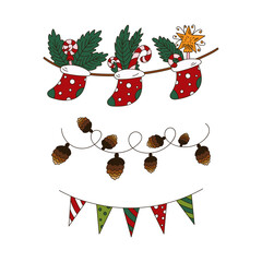 Christmas garlands on string doodle set.