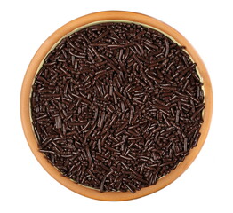 Chocolate sprinkles, granules in clay pot isolated on white, top view 