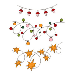 Set of Christmas garland with lights, mushrooms, stars in doodle style