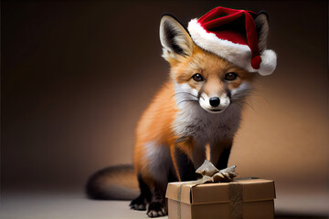 Obraz premium red fox in santa hat with a christmas gift