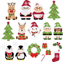 Obraz na płótnie Canvas Cute Christmas Holiday Vector Set: Santa Claus, Mrs. Claus, Rudolph, Reindeer, Elves, Penguins, Snowman, Christmas Tree, Wreath, and more holiday elements