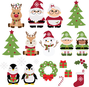 Cute Christmas Holiday Vector Set: Santa Claus, Mrs. Claus, Rudolph, Reindeer, Elves, Penguins, Snowman, Christmas Tree, Wreath, and more holiday elements