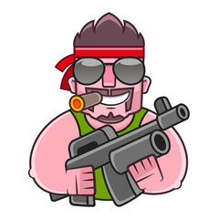 Obraz premium Man in military clothes on a background of green leaves with a weapon. Young man in an army soldier s suit. Vector