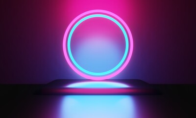 Fototapeta premium 3d illustration rendering, gaming gamer background abstract wallpaper, cyberpunk style metaverse scifi game, neon glow of stage scene pedestal room