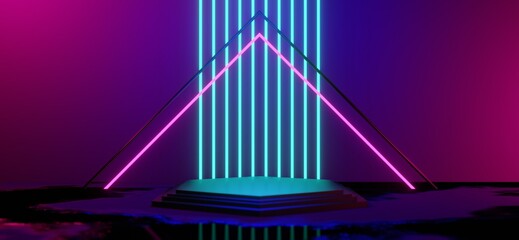 3d illustration rendering, gaming gamer background abstract wallpaper, cyberpunk style metaverse scifi game, neon glow of stage scene pedestal room