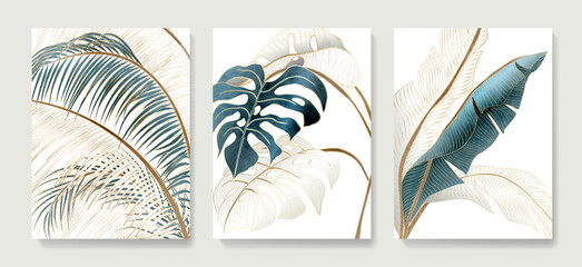 Luxury abstract art background with tropical palm leaves, monstera in white and blue colors with golden line elements. Botanical poster set for wallpaper design, print, textile, interior - obrazy, fototapety, plakaty