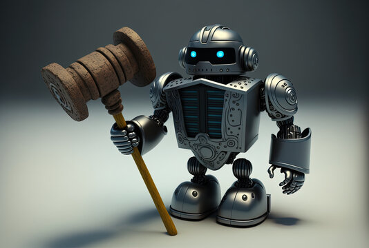 Internet law idea with judge helper holding a robot gavel. Generative AI