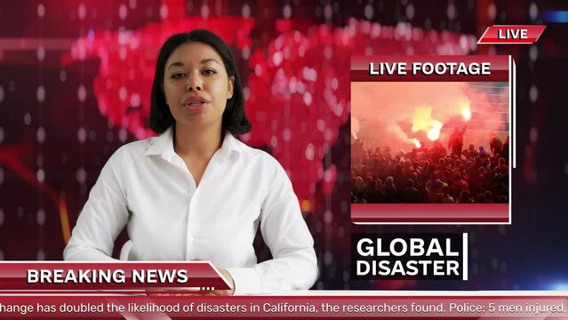Global disaster breaking news background, female TV anchor presenting live news