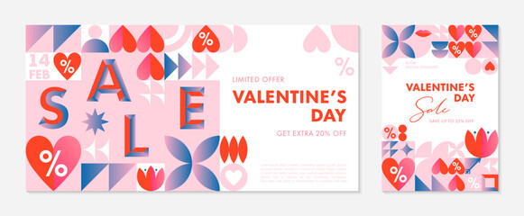 Naklejka premium Set of Valentines Day sale banner templates.Special offer layouts in bauhaus style with geometric elements and symbols.Trendy designs for flyers,ads,vouchers,promo offers.Vector Valentines marketing.