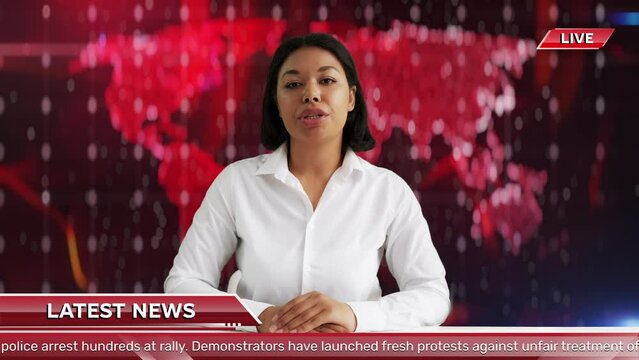 African American woman TV anchor presenting latest news, generic background