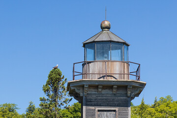 East Channel Lighthouse at Pictured Rocks National Lakeshore and Bald Eagle on treetop in background, Michigan, USA