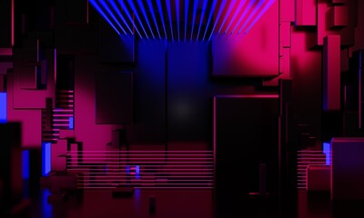 3d illustration rendering, gaming gamer background abstract wallpaper, cyberpunk style metaverse scifi game, neon glow of stage scene pedestal room