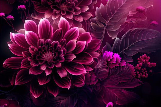 Colorful trending floral organic background, new viva magenta shades color, illustration