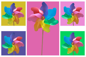 Ein Windrad aus Kunststoff mit einem Holzstiel. Ein Kinderspielzeug.