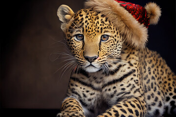 portrait of a leopard in santa hat