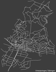 Detailed negative navigation white lines urban street roads map of the UNTERJESINGEN DISTRICT of the German town of TÜBINGEN, Germany on dark gray background