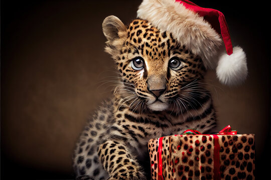 portrait of a leopard in santa hat