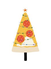 Funny pizza Christmas tree with garland. Holiday graphic. Vector hand drawn illustration.