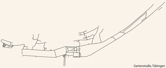 Detailed navigation black lines urban street roads map of the GARTENSTRASSE DISTRICT of the German town of TÜBINGEN, Germany on vintage beige background