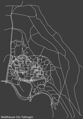 Detailed negative navigation white lines urban street roads map of the WALDHÄUSER OST DISTRICT of the German town of TÜBINGEN, Germany on dark gray background