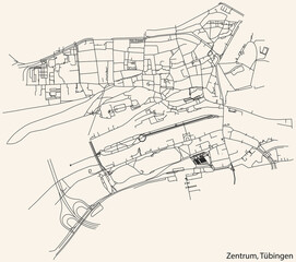 Detailed navigation black lines urban street roads map of the ZENTRUM DISTRICT of the German town of TÜBINGEN, Germany on vintage beige background