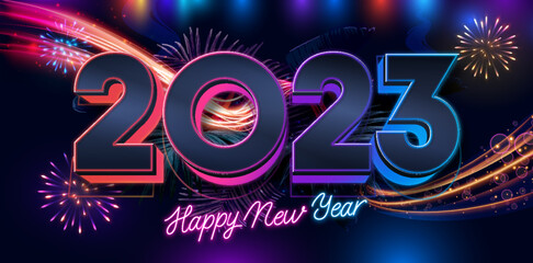 Set of happy new year and merry Christmas 2023. 2023 new year with 3D number on purple background with fireworks - obrazy, fototapety, plakaty