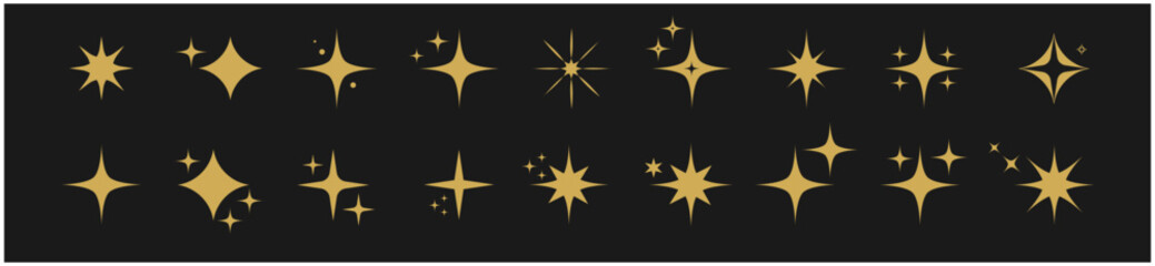 Collection of different gold sparkles icons isolated on a dark background.