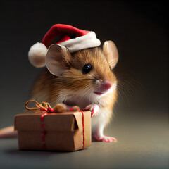 mouse in santa claus hat with christmas gifts