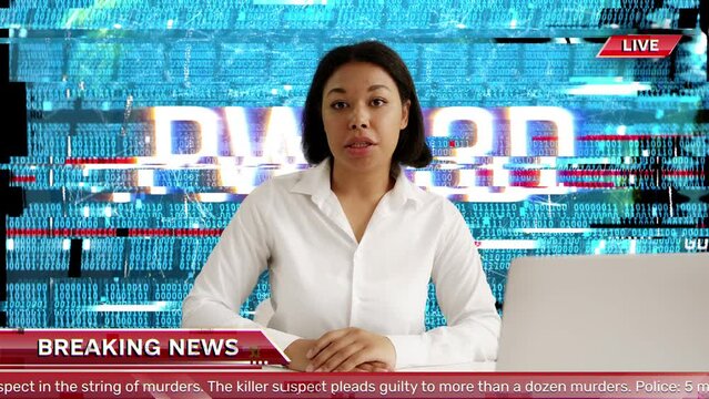 Breaking news TV program hacked during live broadcast, pwned text on background