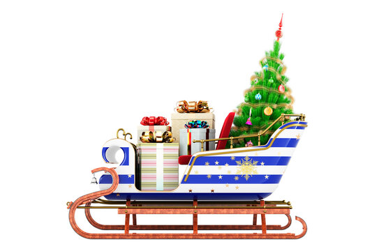 Greek flag painted on the Christmas Santa sleigh, full of gifts and Christmas tree. 3D rendering